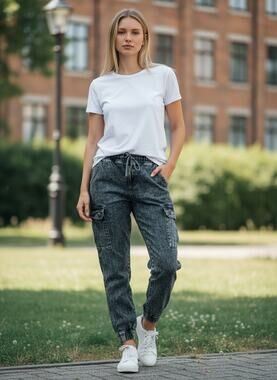 Garcia Jeans Acid Wash Cargo Denim Jogger Ladies Pants Elastic Waist Grunge L